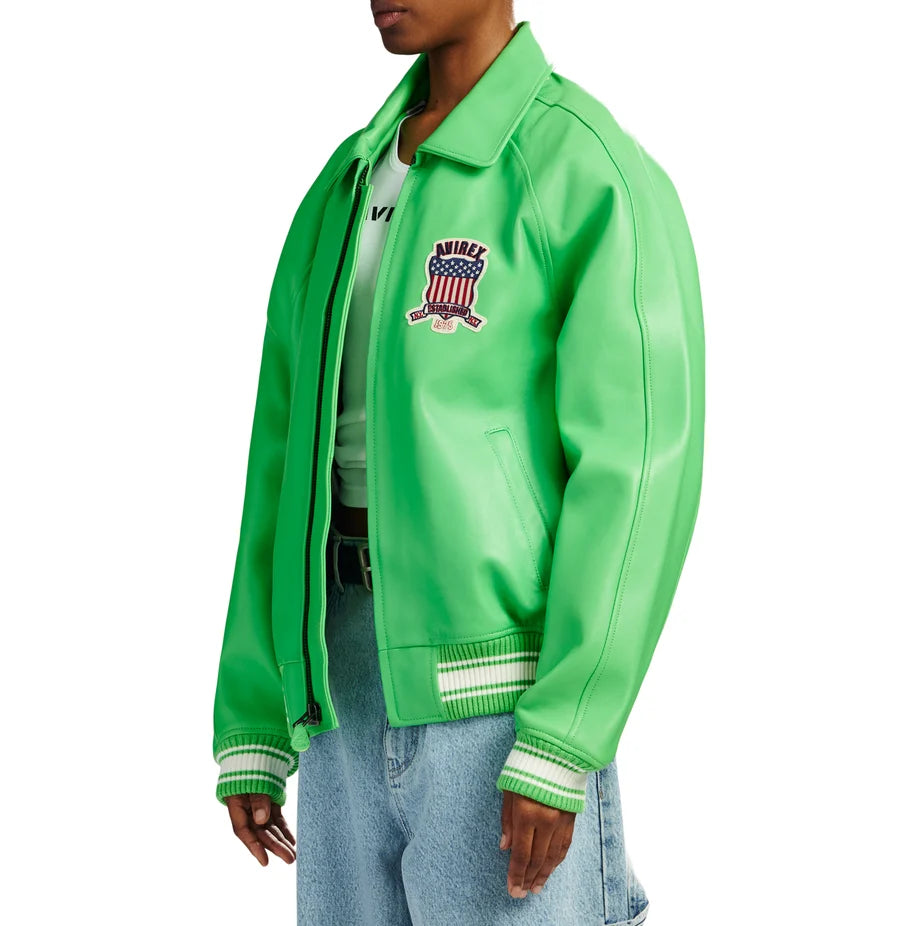Men’s Lime Green Leather Bomber Jacket – Classic Aviator Style Jacket