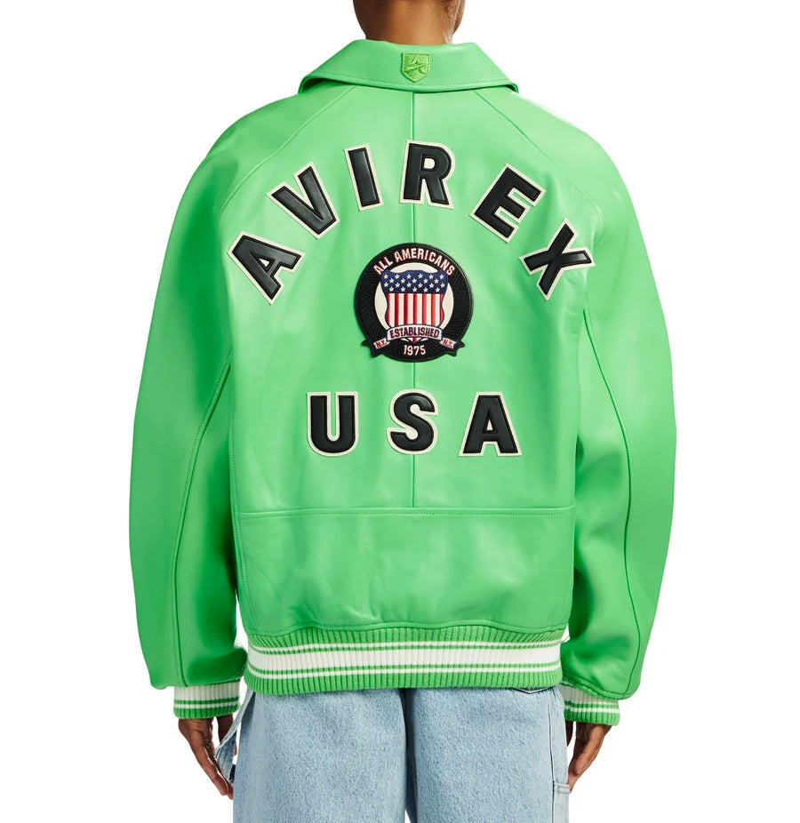Men’s Lime Green Leather Bomber Jacket – Classic Aviator Style Jacket