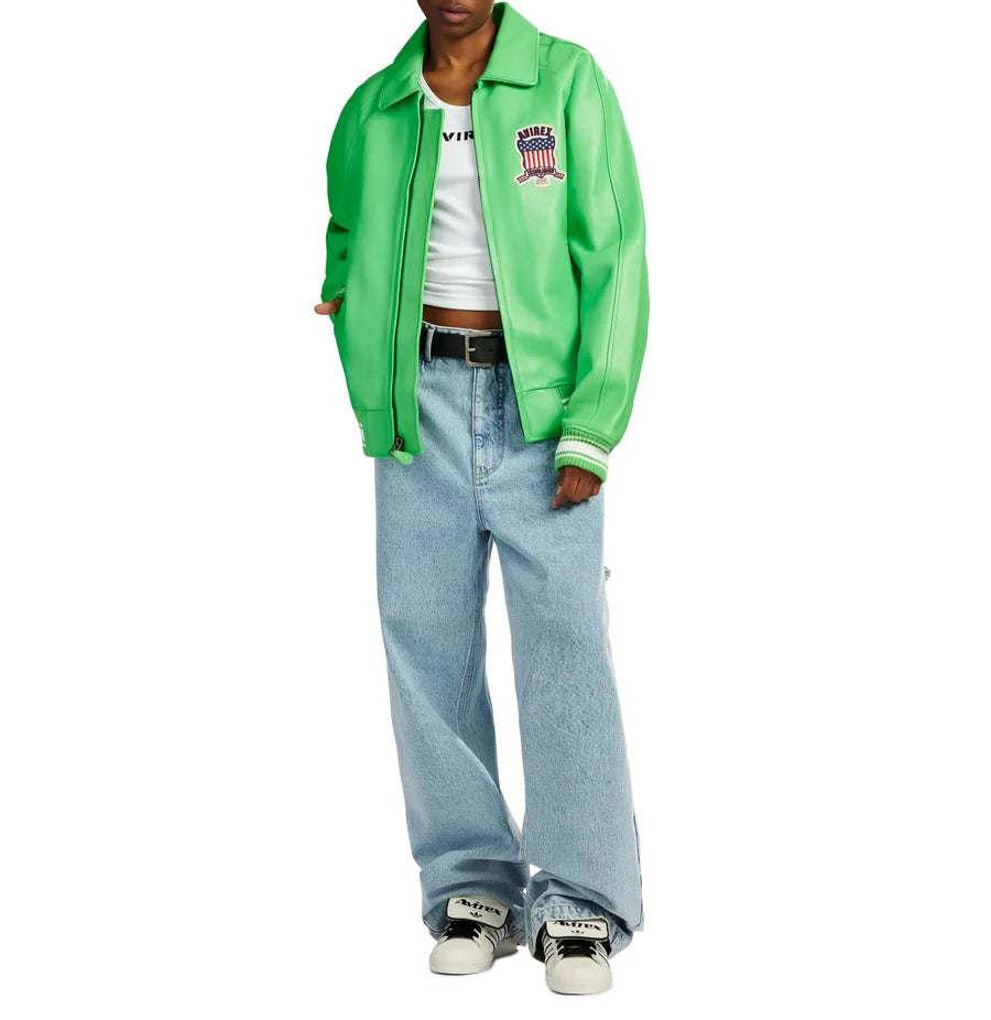 Men’s Lime Green Leather Bomber Jacket – Classic Aviator Style Jacket