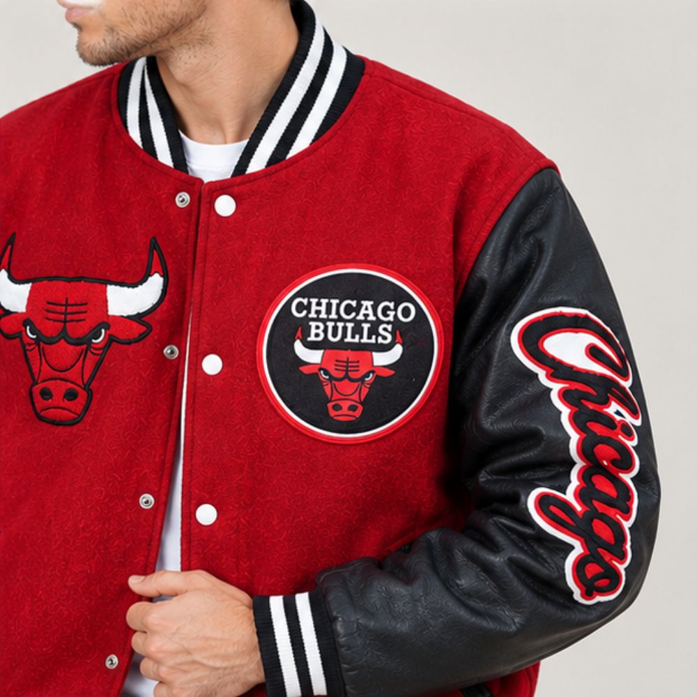 Men’s Chicago Bulls Varsity Jacket – Red Wool Body with Black Leather Sleeves & Letterman Bomber Jacket