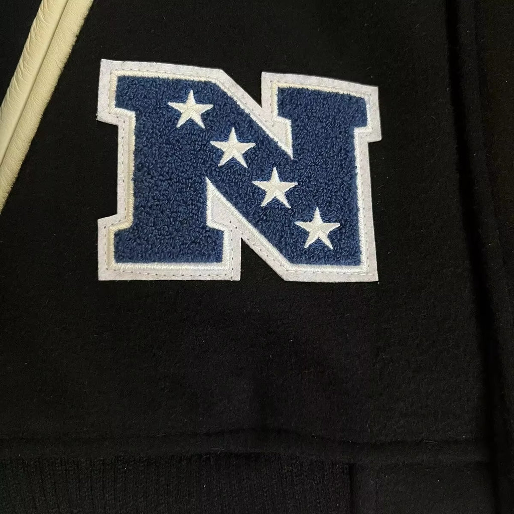 Men’s New Orleans Saints Varsity Jacket – Black and Cream Letterman Bomber Jacket with Football Patches
