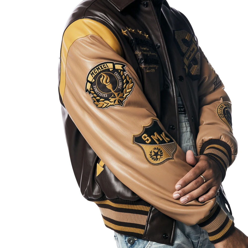 Men’s Brown and Gold Leather Varsity Jacket – Embroidered Letterman Bomber with Contrast Sleeves
