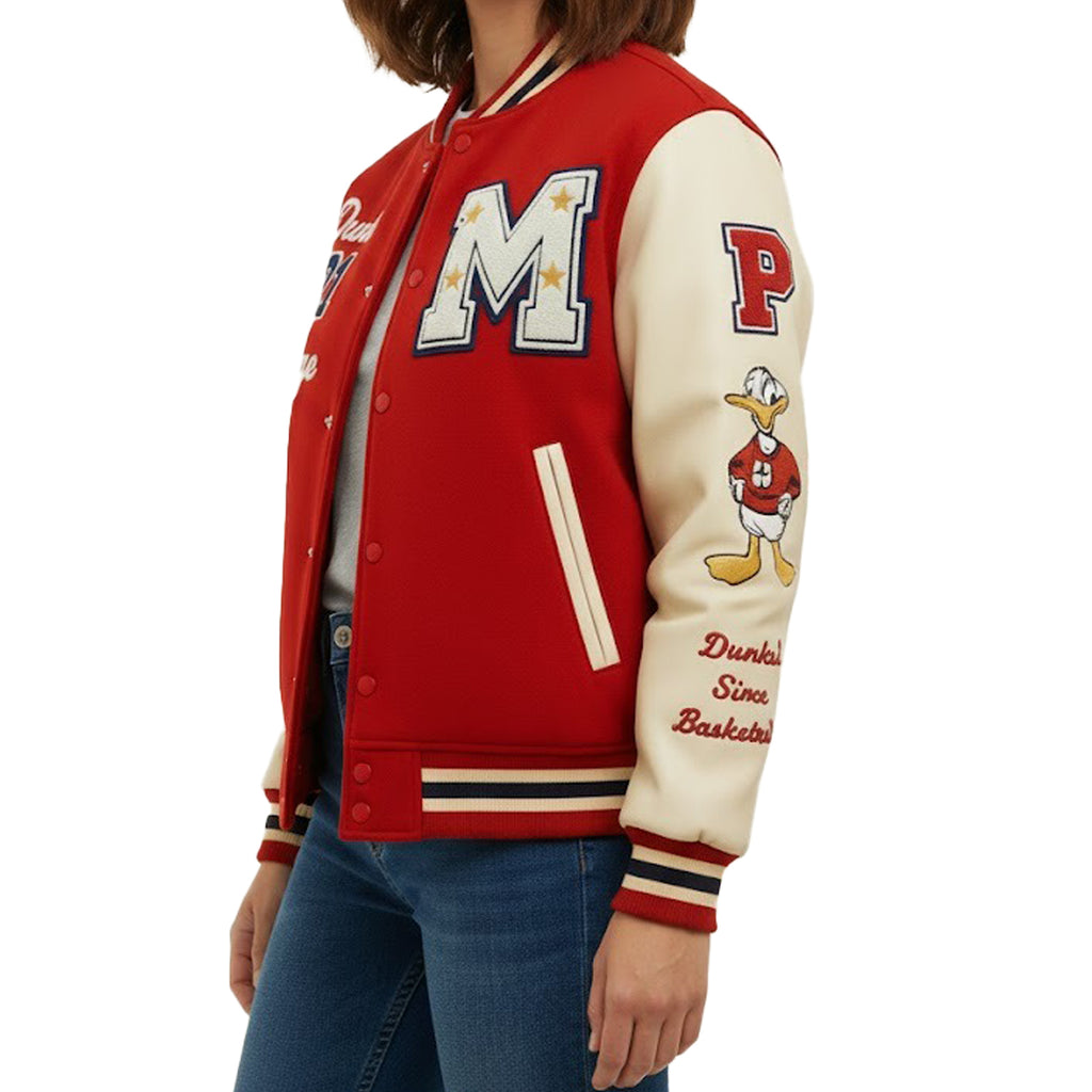 Red and Cream Varsity Jacket for Men & Women – Vintage Letterman Baseball Jacket with Striped Ribbed Trim