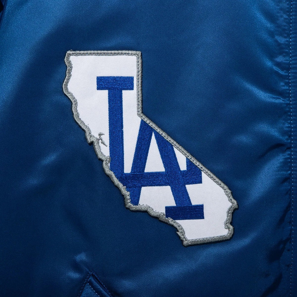 Men’s Blue Bomber Jacket – Satin Varsity Jacket with Baseball Patches & Striped Ribbed Trim