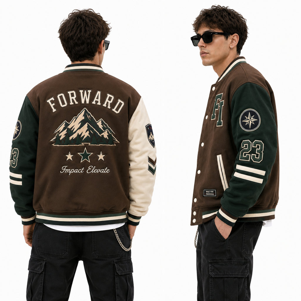 Men’s Brown Varsity Jacket – Green and Cream Leather Sleeves Letterman Bomber Jacket with Mountain Embroidery