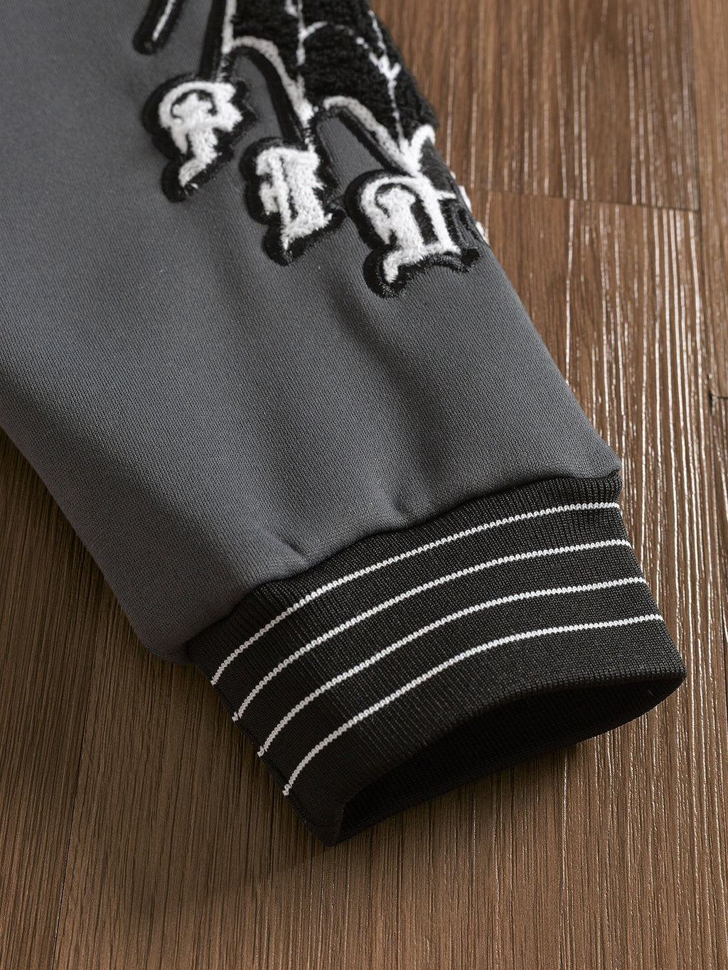 Men’s Black and Grey Halloween Varsity Jacket – Gothic Embroidered Letterman Bomber Jacket