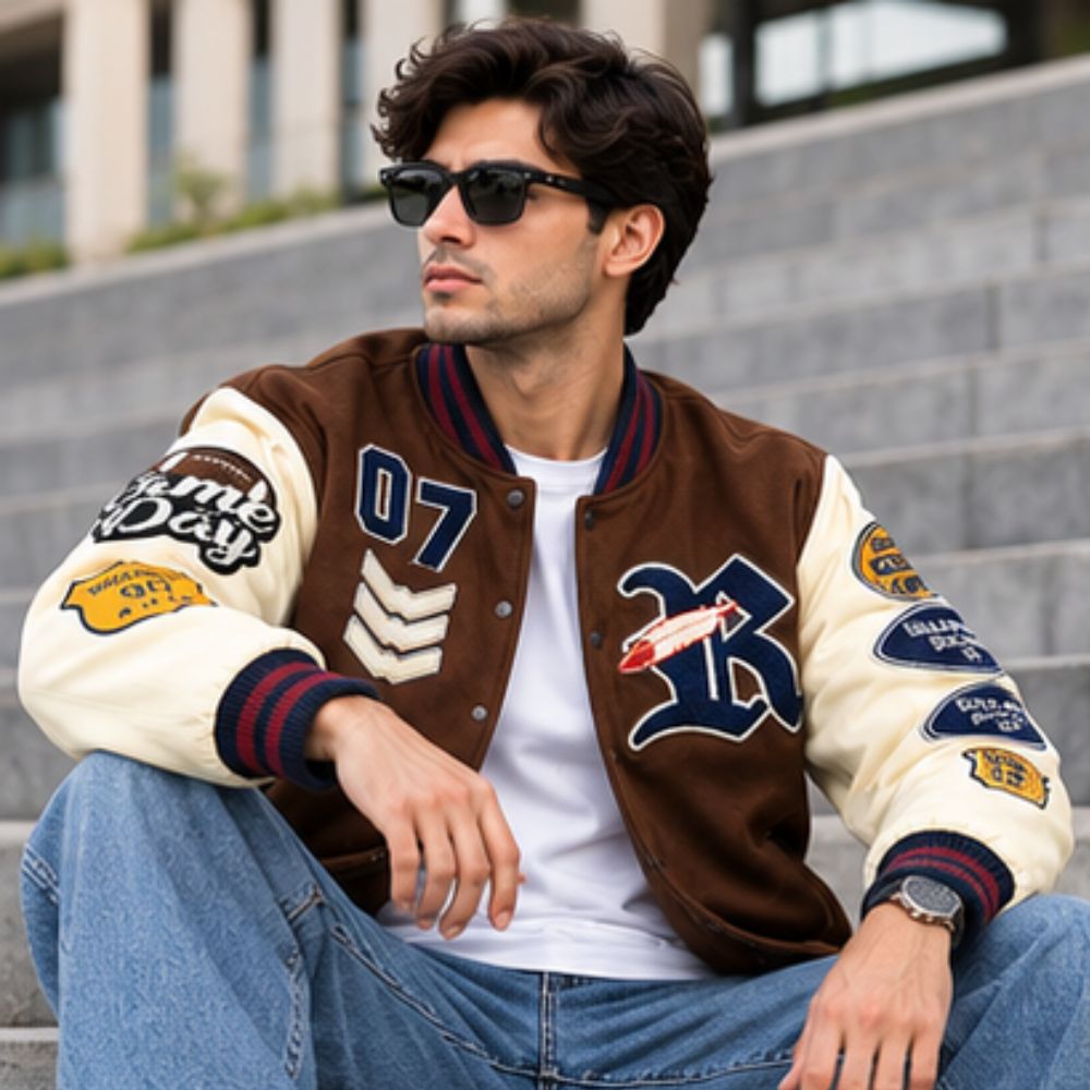 Men's Letter Graphic Color Block Y2k Varsity Jacket