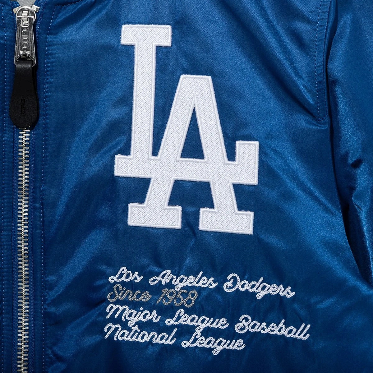 Men’s Blue Bomber Jacket – Satin Varsity Jacket with Baseball Patches & Striped Ribbed Trim