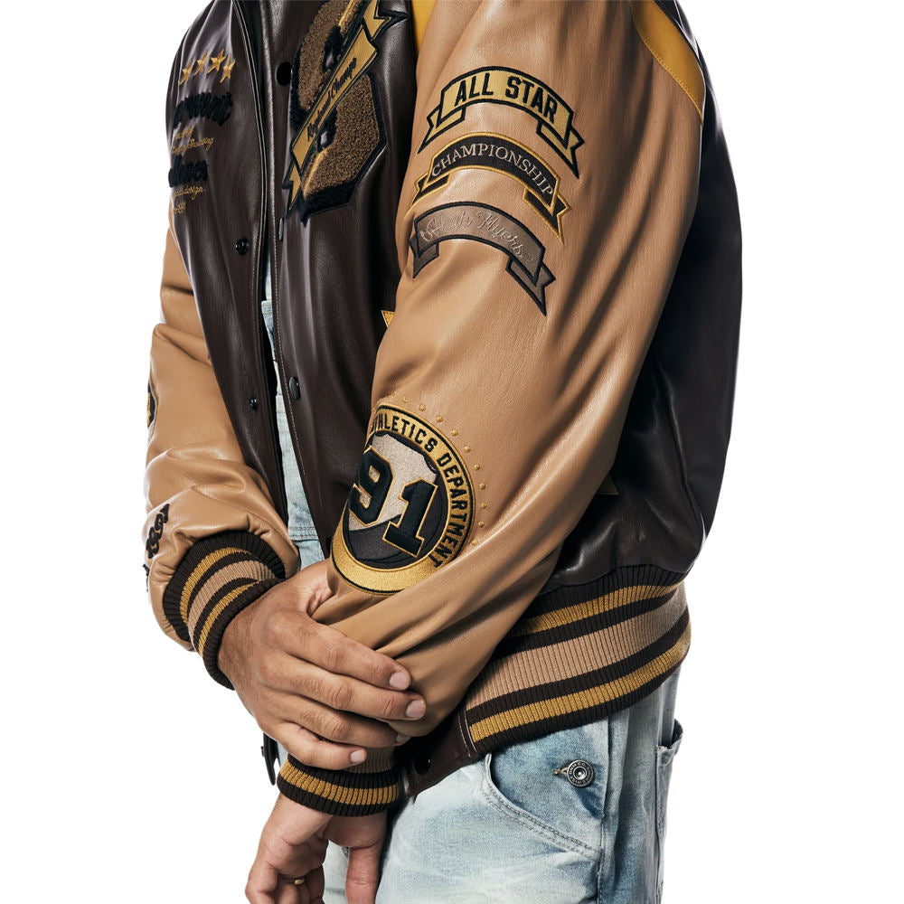 Men’s Brown and Gold Leather Varsity Jacket – Embroidered Letterman Bomber with Contrast Sleeves