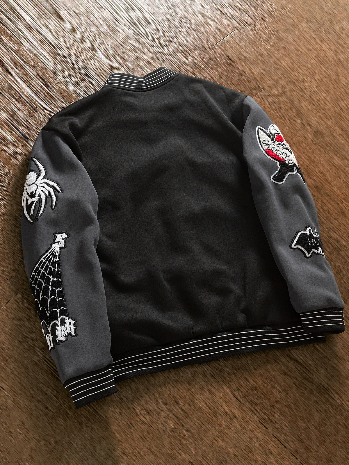Men’s Black and Grey Halloween Varsity Jacket – Gothic Embroidered Letterman Bomber Jacket