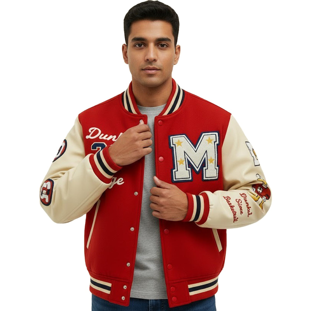 Red and Cream Varsity Jacket for Men & Women – Vintage Letterman Baseball Jacket with Striped Ribbed Trim