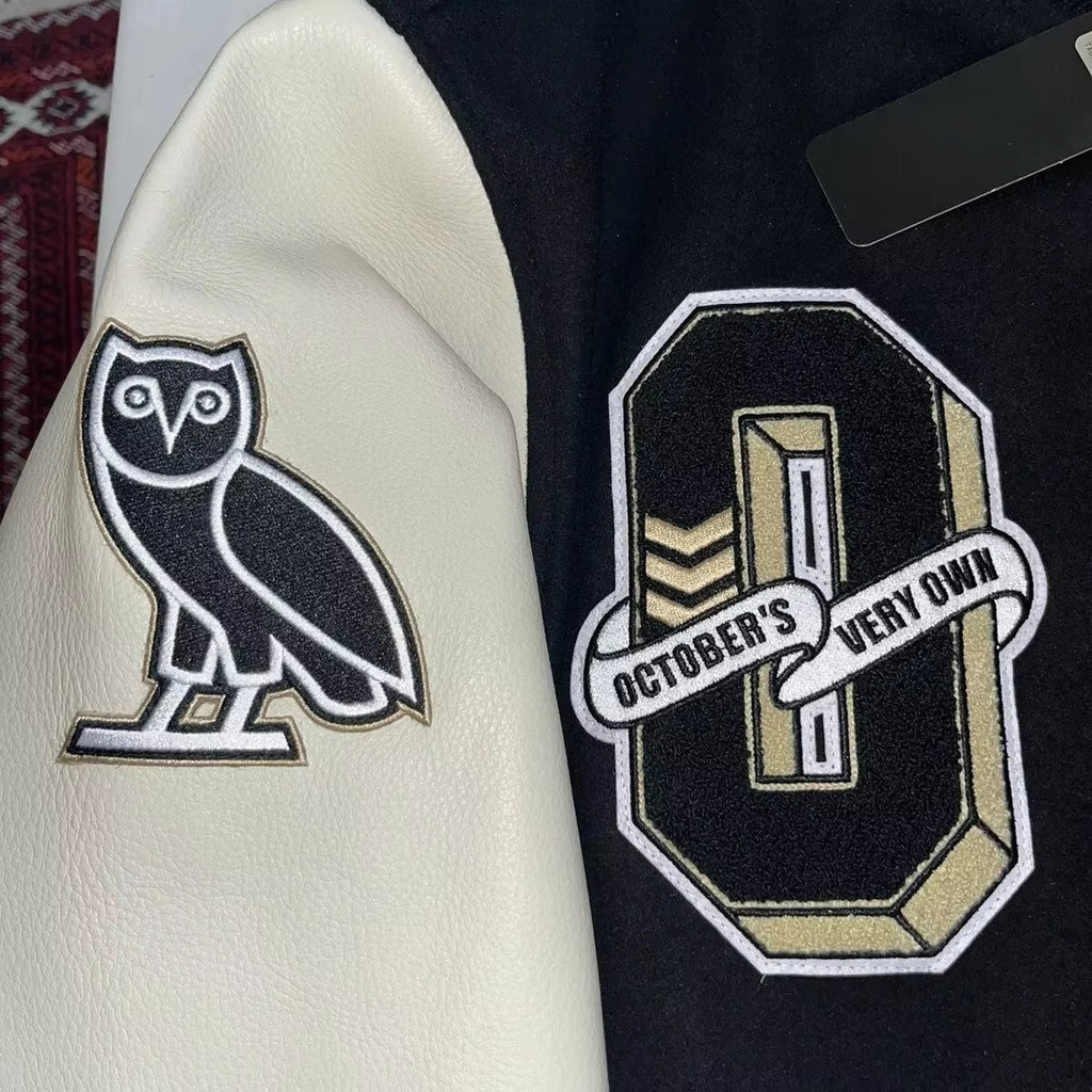 Men’s New Orleans Saints Varsity Jacket – Black and Cream Letterman Bomber Jacket with Football Patches