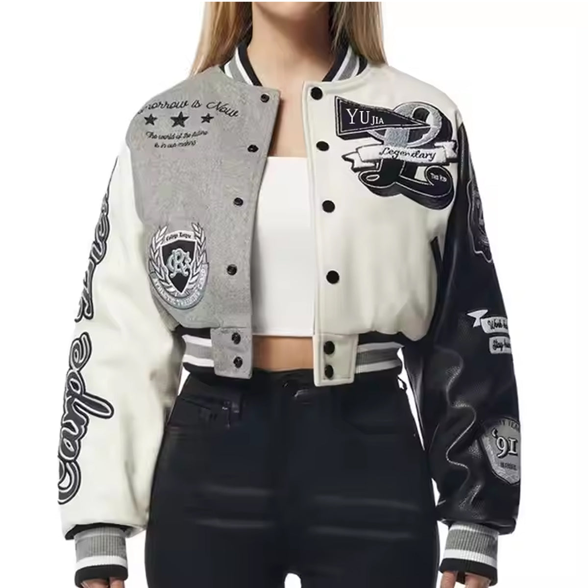 Women's Varsity Bomber Jacket, Black and White Graphic Letterman Jacket, Vintage College Style Streetwear
