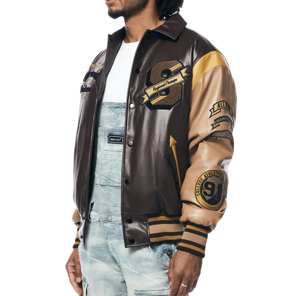 Men’s Brown and Gold Leather Varsity Jacket – Embroidered Letterman Bomber with Contrast Sleeves