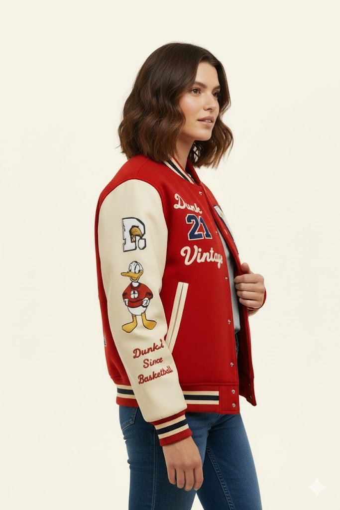 Red and Cream Varsity Jacket for Men & Women – Vintage Letterman Baseball Jacket with Striped Ribbed Trim
