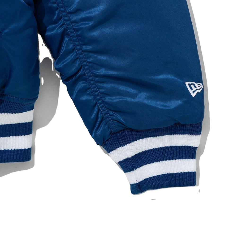 Men’s Blue Bomber Jacket – Satin Varsity Jacket with Baseball Patches & Striped Ribbed Trim