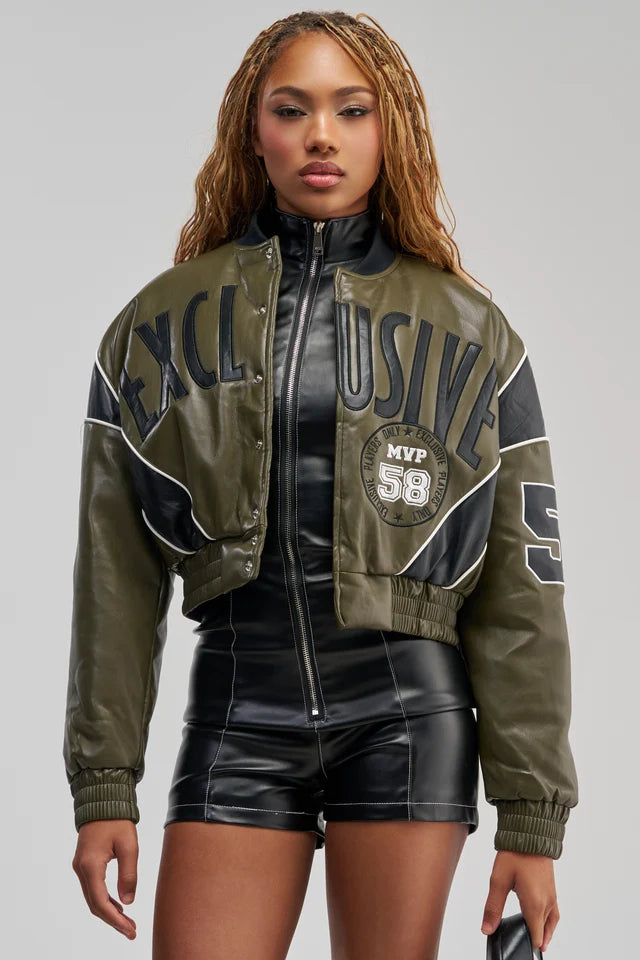Women's Cropped Leather Varsity Jacket – Casual Streetwear Bomber Jacket – Faux Leather