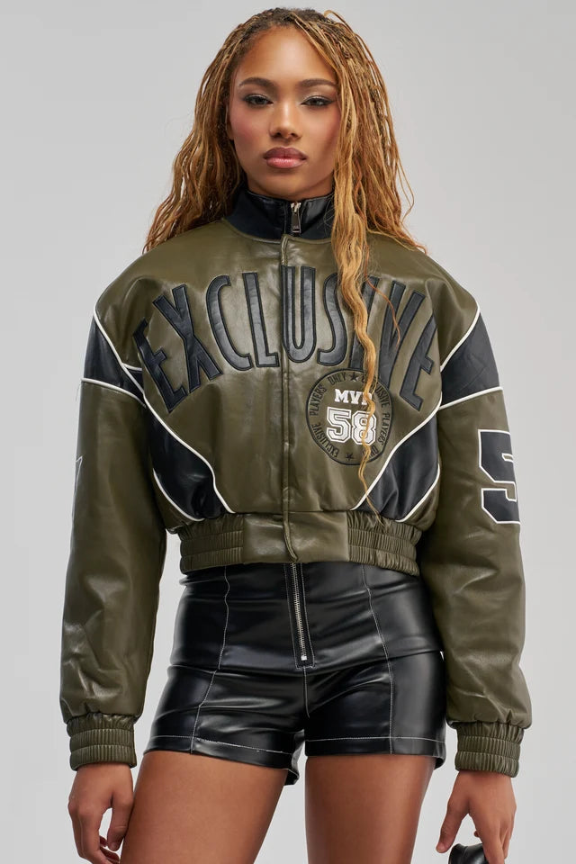 Women's Cropped Leather Varsity Jacket – Casual Streetwear Bomber Jacket – Faux Leather