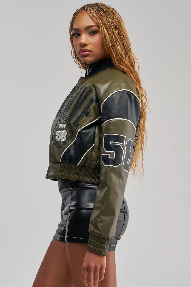 Women's Cropped Leather Varsity Jacket – Casual Streetwear Bomber Jacket – Faux Leather