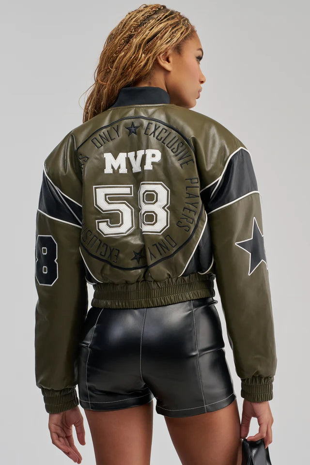 Women's Cropped Leather Varsity Jacket – Casual Streetwear Bomber Jacket – Faux Leather