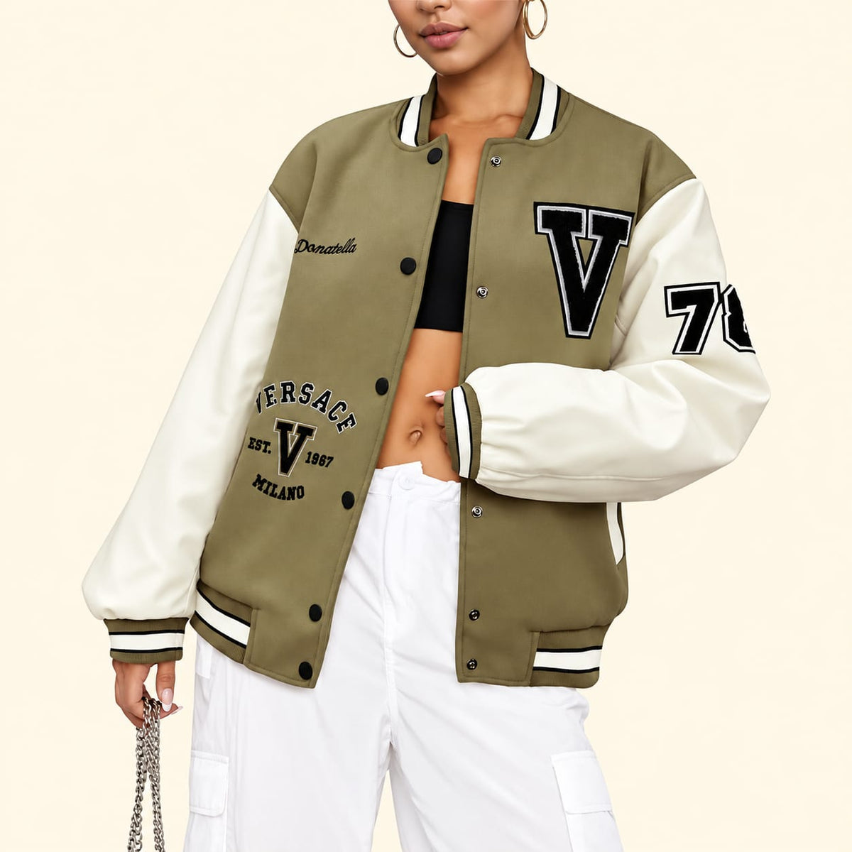 Women's Varsity Bomber Jacket, Cream Sleeves, Graphic Letterman College Jacket, Snap Button Streetwear