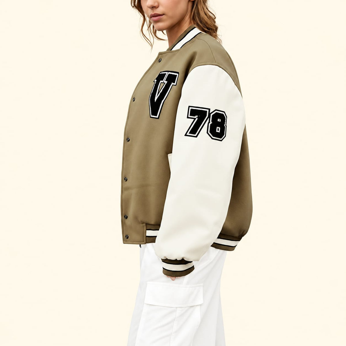 Women's Varsity Bomber Jacket, Cream Sleeves, Graphic Letterman College Jacket, Snap Button Streetwear