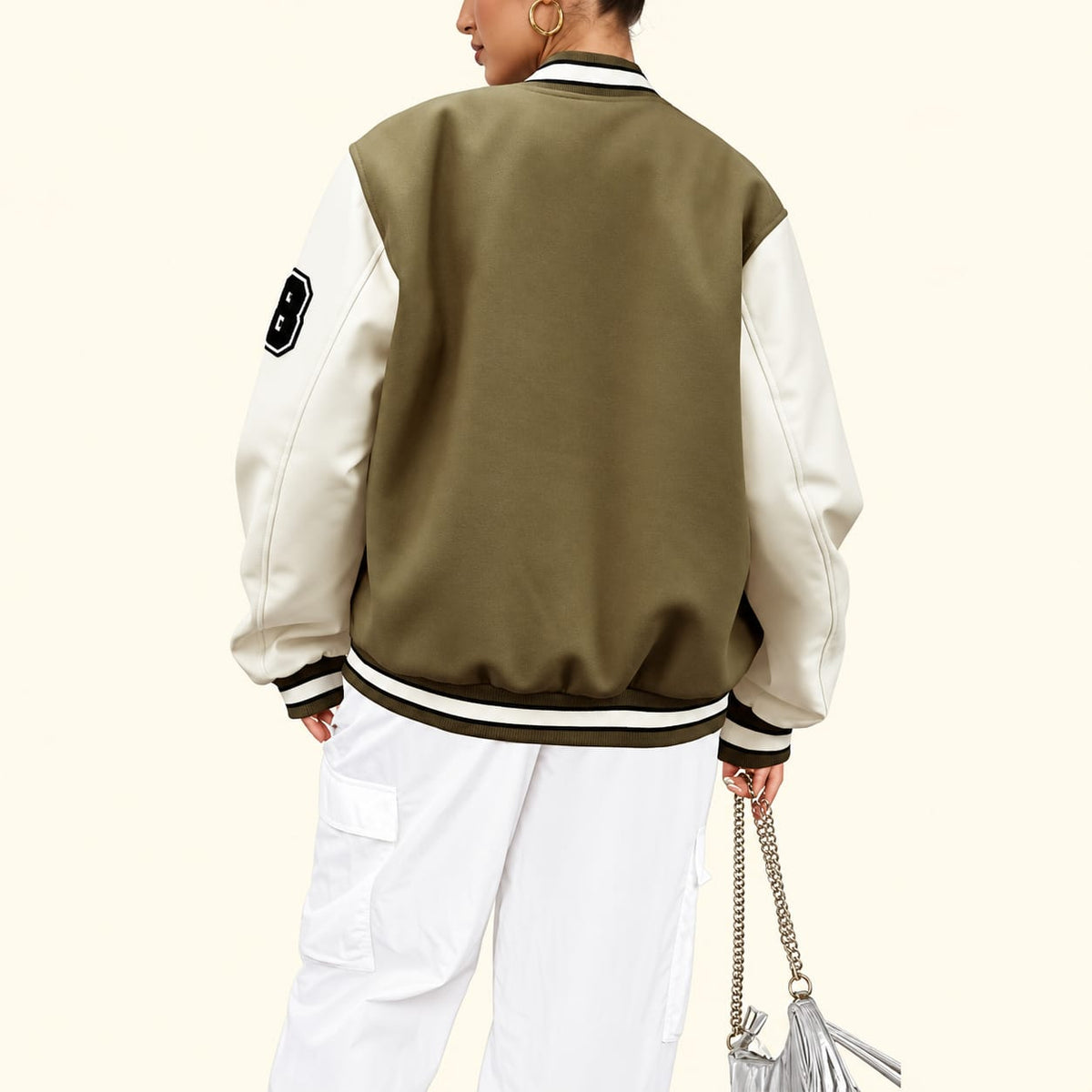 Women's Varsity Bomber Jacket, Cream Sleeves, Graphic Letterman College Jacket, Snap Button Streetwear