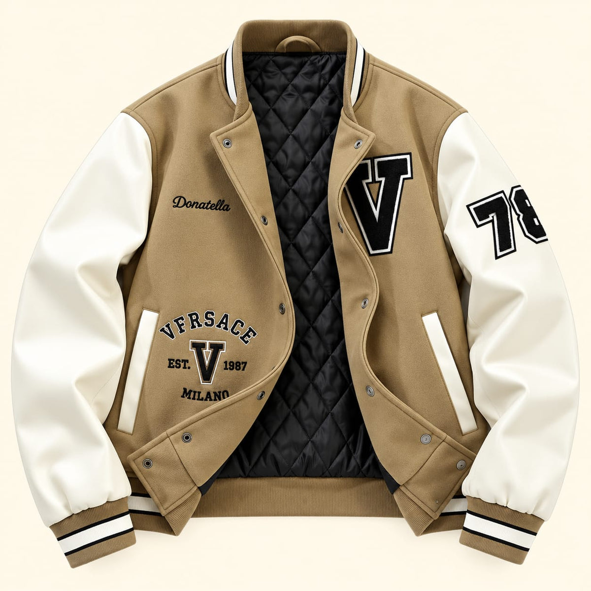 Women's Varsity Bomber Jacket, Cream Sleeves, Graphic Letterman College Jacket, Snap Button Streetwear