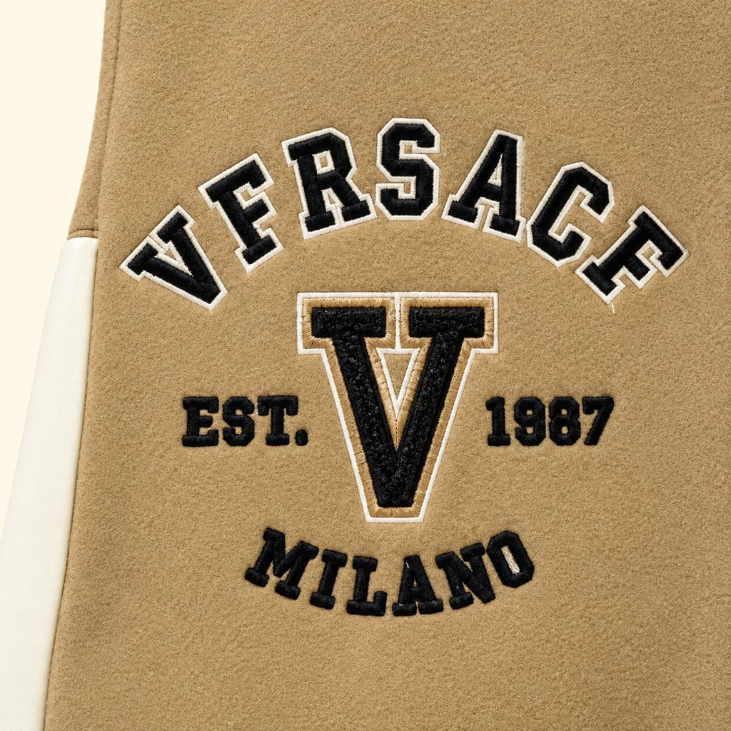 Women's Varsity Bomber Jacket, Cream Sleeves, Graphic Letterman College Jacket, Snap Button Streetwear