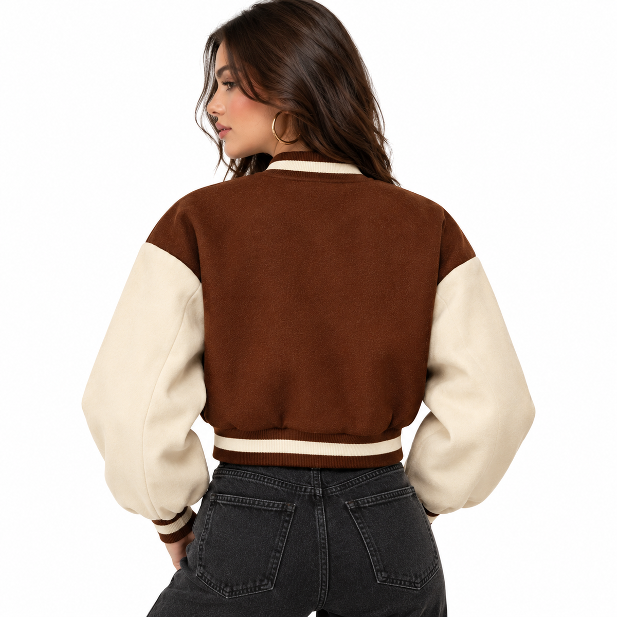 Women’s Cropped Varsity Jacket – Casual Streetwear Bomber Jacket – Contrast Sleeve Baseball Jacket