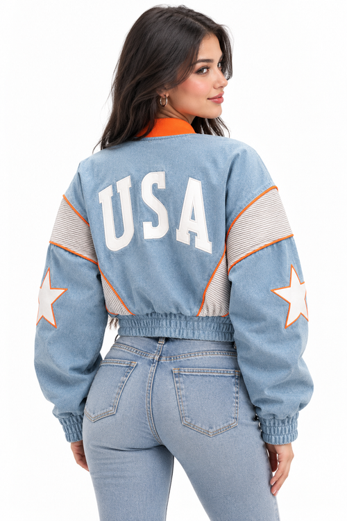 Cropped Denim Varsity Jacket – Women’s Casual Streetwear Bomber Jacket – Premium Denim