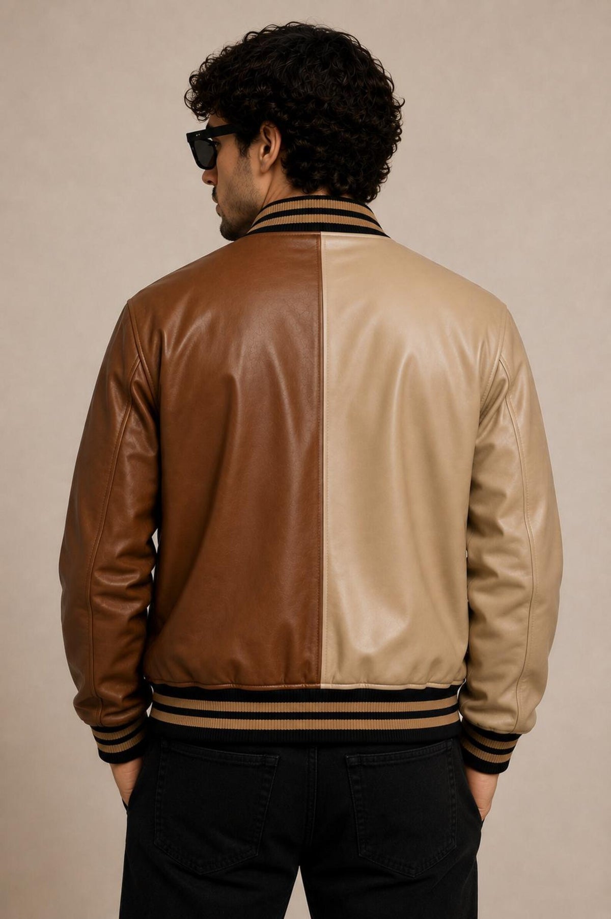 Men’s Leather Varsity Jacket – Casual Streetwear Bomber Jacket – Two-Tone Genuine Leather
