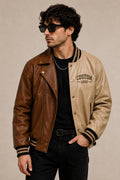 Men’s Leather Varsity Jacket – Casual Streetwear Bomber Jacket – Two-Tone Genuine Leather