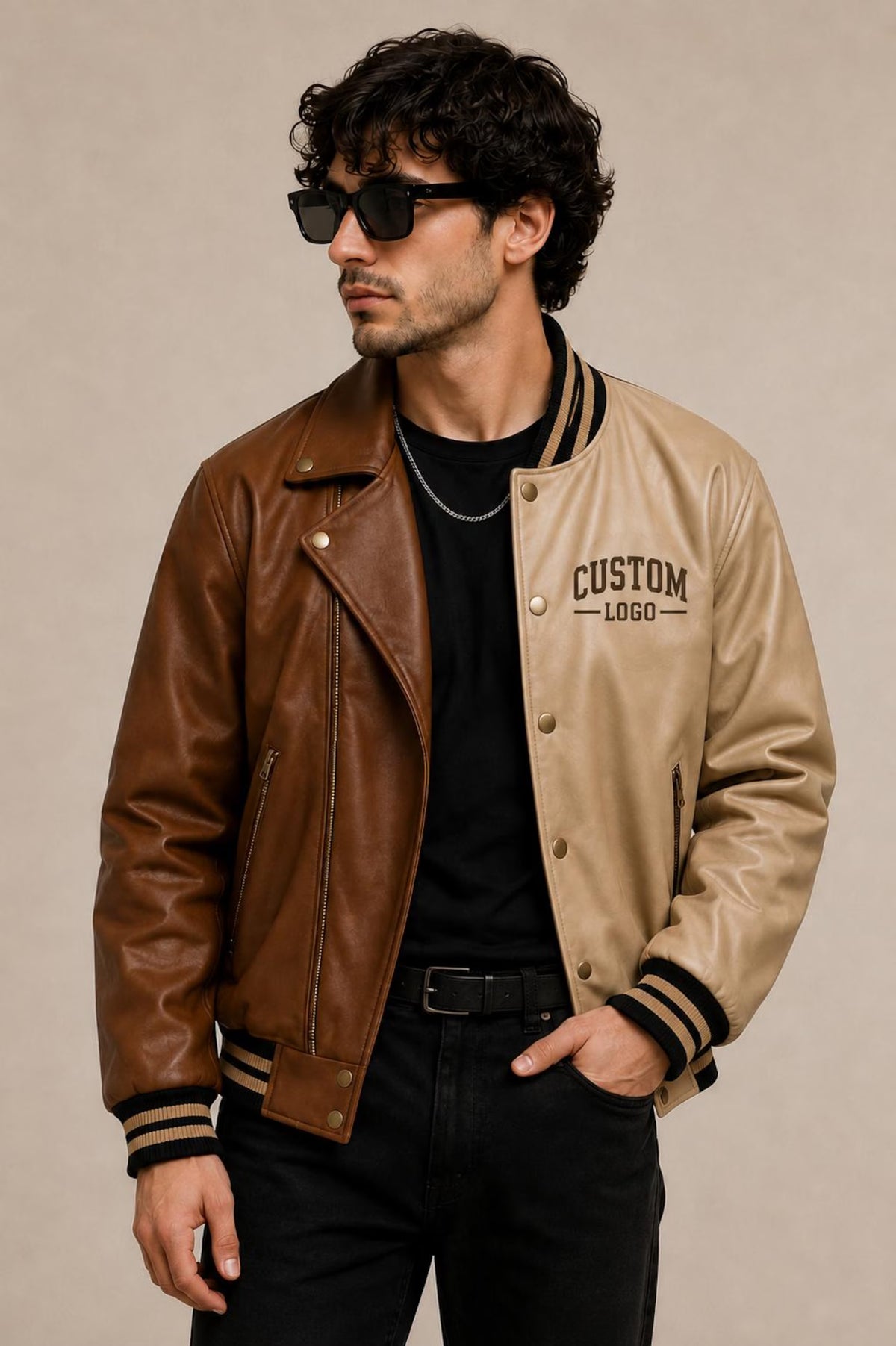 Men’s Leather Varsity Jacket – Casual Streetwear Bomber Jacket – Two-Tone Genuine Leather