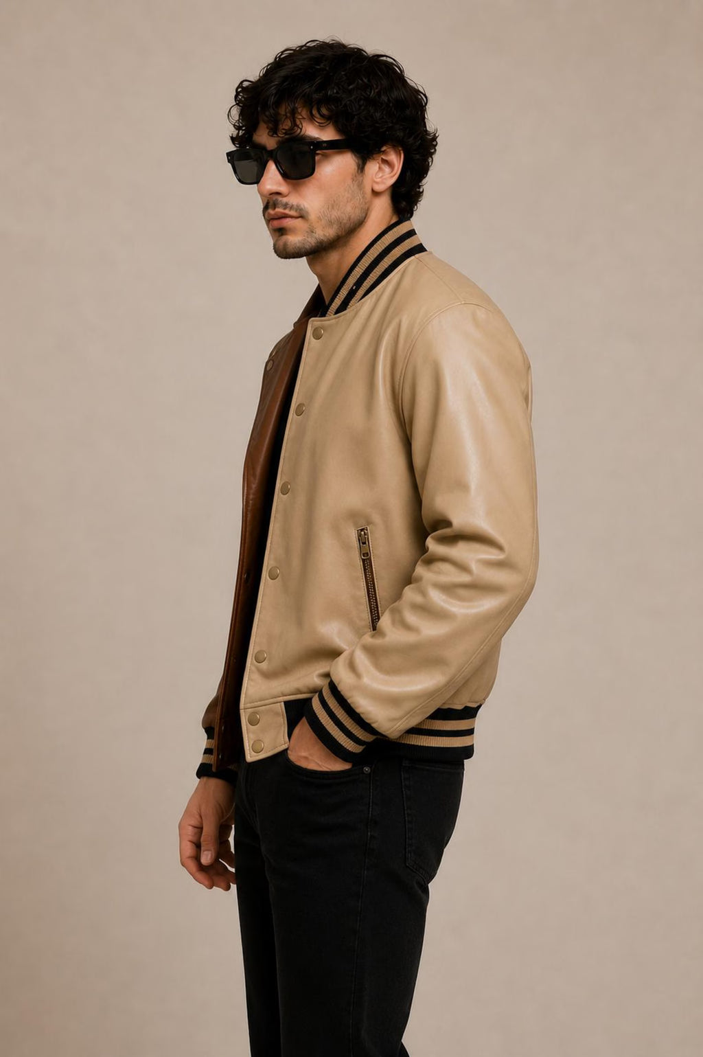 Men’s Leather Varsity Jacket – Casual Streetwear Bomber Jacket – Two-Tone Genuine Leather