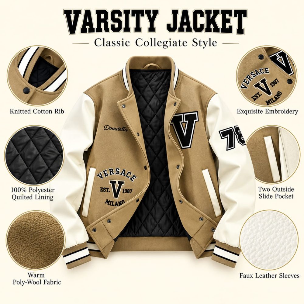 Women's Varsity Bomber Jacket, Cream Sleeves, Graphic Letterman College Jacket, Snap Button Streetwear